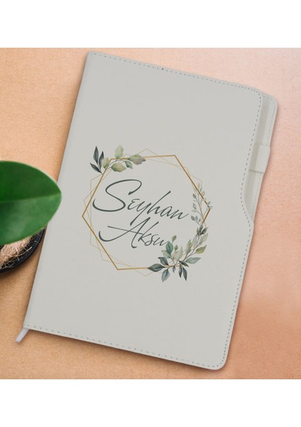Gift Kişiye Özel Çiçek Tasarımlı Beyaz Termo Deri Not Defteri 15X21CM-11
