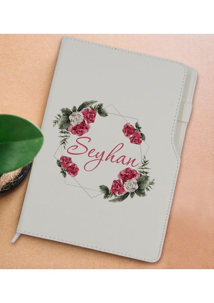 Gift Kişiye Özel Çiçek Tasarımlı Beyaz Termo Deri Not Defteri 15X21CM-15