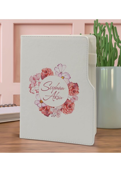 Gift Kişiye Özel Çiçek Tasarımlı Beyaz Termo Deri Not Defteri 15X21CM-2 fiyatları