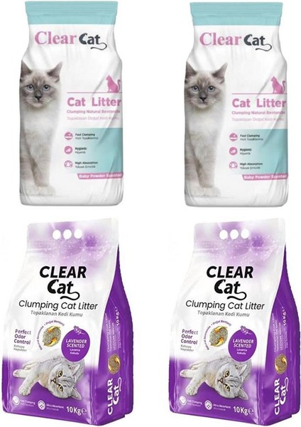 Clearcat Lavantalı Topak Bento Kedi Kumu Ince 10 Kg 2 Adet + Pudralı Bentonit Kedi Kumu Ince 10 Kg 2 Adet