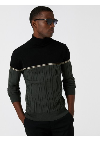 Balıkçı Yaka Triko Kazak Renk Bloklu