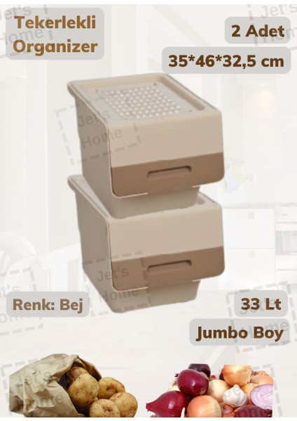 2'li Tekerlekli Sebzelik BPA Free Soğanlık Oyuncaklık Organizer Beyaz Krem 33 Lt