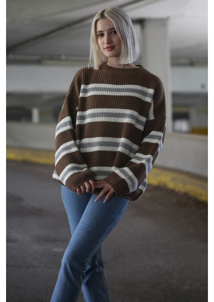 Kahverengi Çizgili Triko Kazak MG1244