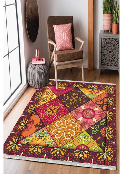 Homier Collection Kısa Saçaklı, Cotton Serisi Yıkanabilir Kaymaz Taban Antibakteriyel Kilim PW-8088C