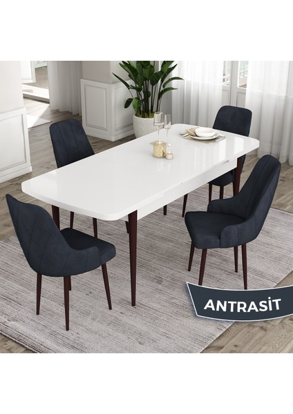 Concept Eta Serisi 80 x 132 cm Mdf Açılabilir Masa Takımı Beyaz Masa Kahve Ayak 4 Sandalye