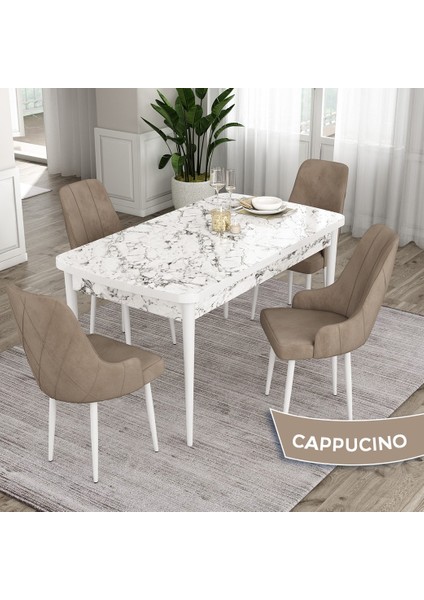 Concept Eta Serisi 80 x 132 cm Açılabilir Mdf Mutfak Masa Takımı Beyaz Mermer Desen Masa 4 Sandalye