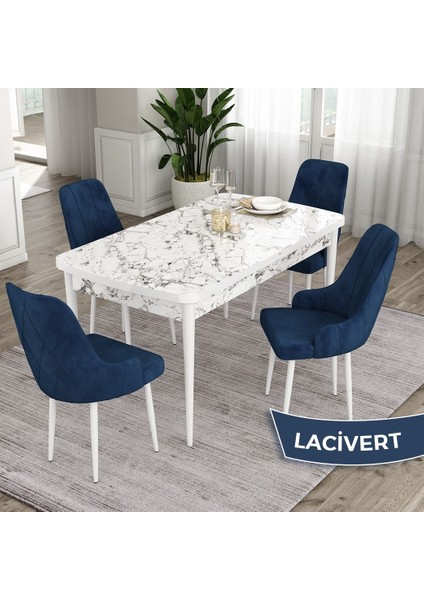 Concept Eta Serisi 80 x 132 cm Açılabilir Mdf Mutfak Masa Takımı Beyaz Mermer Desen Masa 4 Sandalye