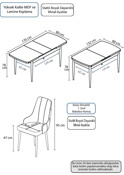 Concept Eta Serisi 80 x 132 cm Mdf Açılabilir Masa Takımı Beyaz Masa Kahve Ayak 6 Sandalye