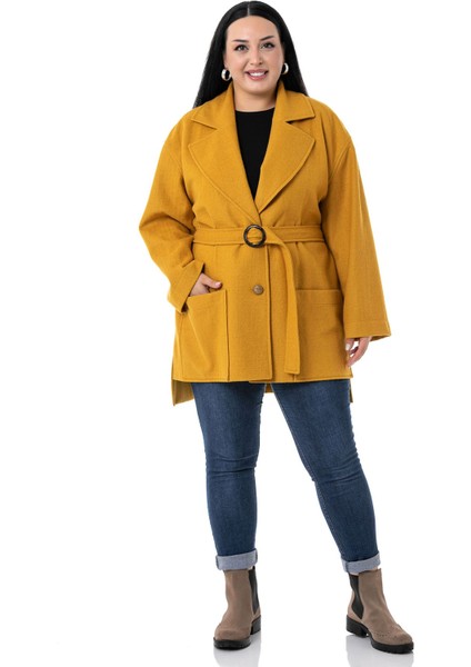 Büyük Beden Mono Yaka Arkası Uzun Torba Cepli Kemerli Astarsız Hardal Kaban