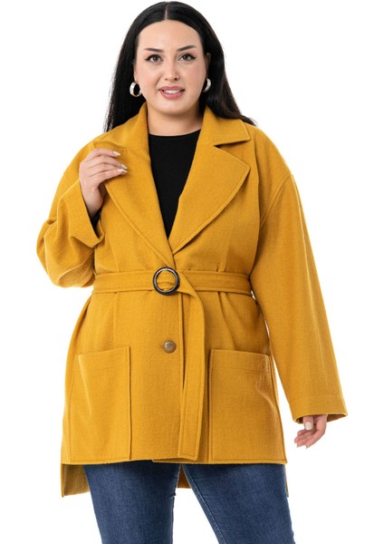 Büyük Beden Mono Yaka Arkası Uzun Torba Cepli Kemerli Astarsız Hardal Kaban fiyatları