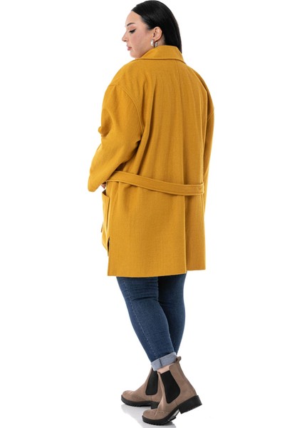 Büyük Beden Mono Yaka Arkası Uzun Torba Cepli Kemerli Astarsız Hardal Kaban modelleri