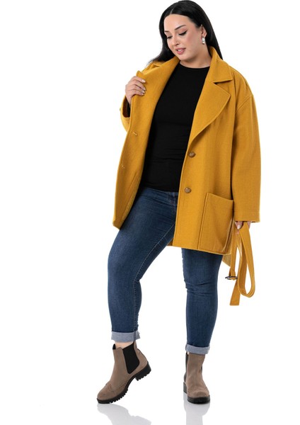 Büyük Beden Mono Yaka Arkası Uzun Torba Cepli Kemerli Astarsız Hardal Kaban indirimleri