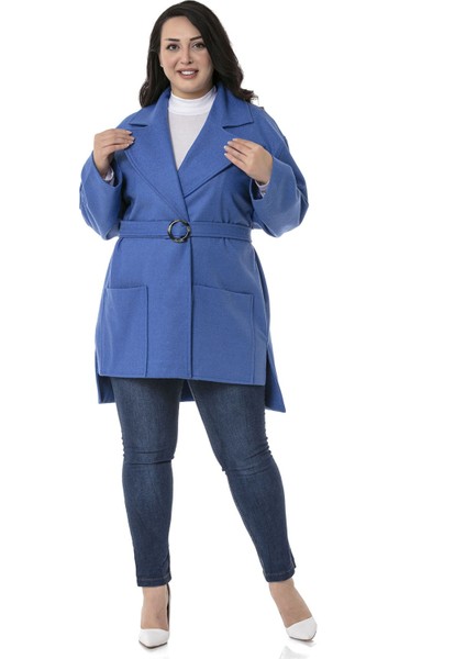 Büyük Beden Mono Yaka Arkası Uzun Torba Cepli Kemerli Astarsız Indigo Kaban