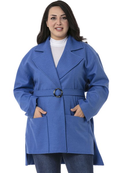 Büyük Beden Mono Yaka Arkası Uzun Torba Cepli Kemerli Astarsız Indigo Kaban fiyatları