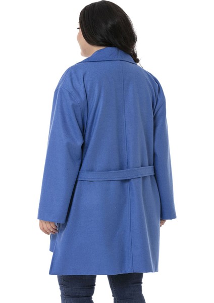 Büyük Beden Mono Yaka Arkası Uzun Torba Cepli Kemerli Astarsız Indigo Kaban modelleri