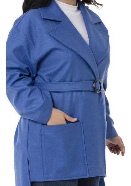 Büyük Beden Mono Yaka Arkası Uzun Torba Cepli Kemerli Astarsız Indigo Kaban indirimleri