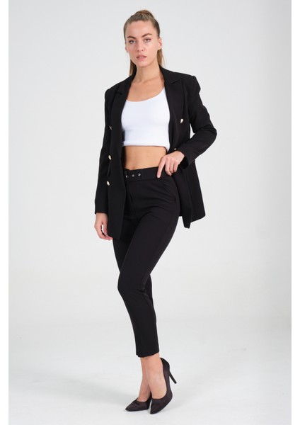 Kadın Siyah Blazer Ceket Kemerli Cepli Havuç Kesim Pantolon Takım