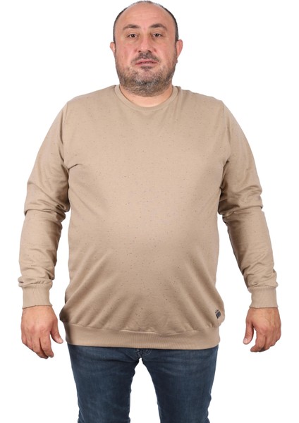 Büyük Beden Sweatshirt Bisiklet Yaka Deri Arma 22703-BEJ