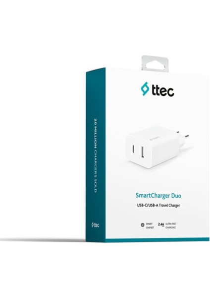 Smartcharger Duo Usb-C+Usb-A Seyahat Şarj Aleti 2.4A Beyaz 2 Yıl Garantili