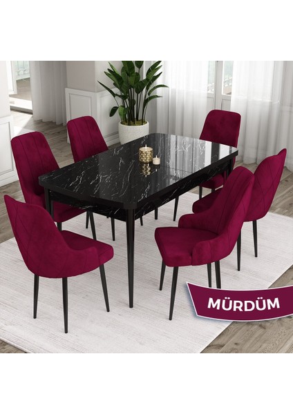Concept Eta Serisi 80 x 132 cm Açılabilir Mdf Mutfak Masa Takımısiyah Mermer Desen Masa 6 Sandalye