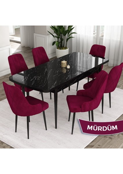 Concept Eta Serisi 80 x 132 cm Açılabilir Mdf Mutfak Masa Takımısiyah Mermer Desen Masa 6 Sandalye fiyatları