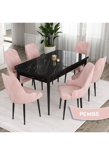 Concept Eta Serisi 80 x 132 cm Açılabilir Mdf Mutfak Masa Takımısiyah Mermer Desen Masa 6 Sandalye