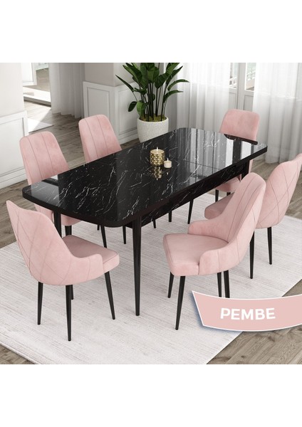 Concept Eta Serisi 80 x 132 cm Açılabilir Mdf Mutfak Masa Takımısiyah Mermer Desen Masa 6 Sandalye fiyatları