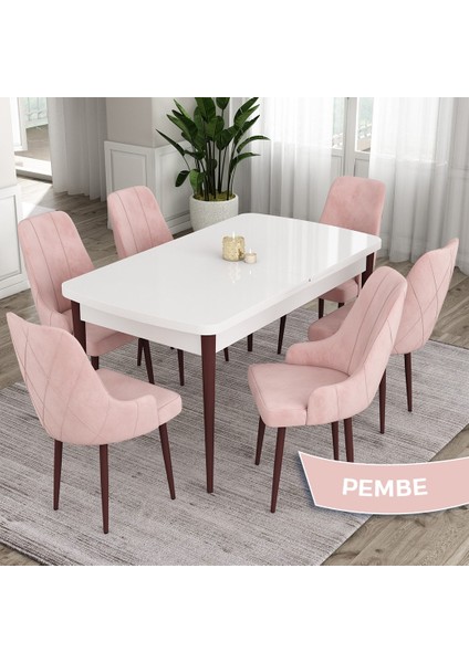 Concept Eta Serisi 80 x 132 cm Mdf Açılabilir Masa Takımı Beyaz Masa Kahve Ayak 6 Sandalye