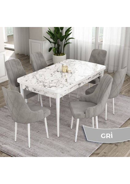 Concept Eta Serisi 80 x 132 cm Açılabilir Mdf Mutfak Masa Takımı Beyaz Mermer Desen Masa 6 Sandalye