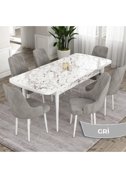 Concept Eta Serisi 80 x 132 cm Açılabilir Mdf Mutfak Masa Takımı Beyaz Mermer Desen Masa 6 Sandalye fiyatları