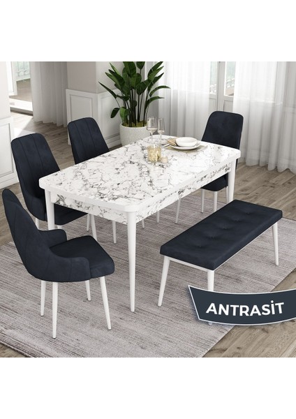 Concept Eta Serisi 80 x 132 cm Açılabilir Mdf Mutfak Masa Takımı Beyaz Mermer Desen Masa 4 Sandalye ve 1 Bench