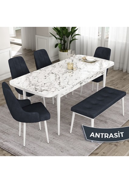 Concept Eta Serisi 80 x 132 cm Açılabilir Mdf Mutfak Masa Takımı Beyaz Mermer Desen Masa 4 Sandalye ve 1 Bench