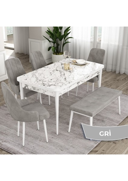 Concept Eta Serisi 80 x 132 cm Açılabilir Mdf Mutfak Masa Takımı Beyaz Mermer Desen Masa 4 Sandalye ve 1 Bench