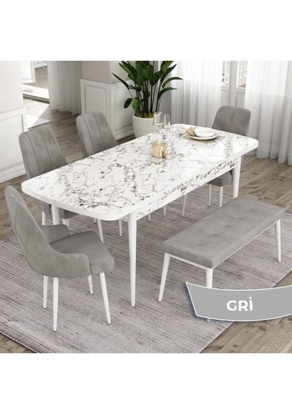 Concept Eta Serisi 80 x 132 cm Açılabilir Mdf Mutfak Masa Takımı Beyaz Mermer Desen Masa 4 Sandalye ve 1 Bench fiyatları
