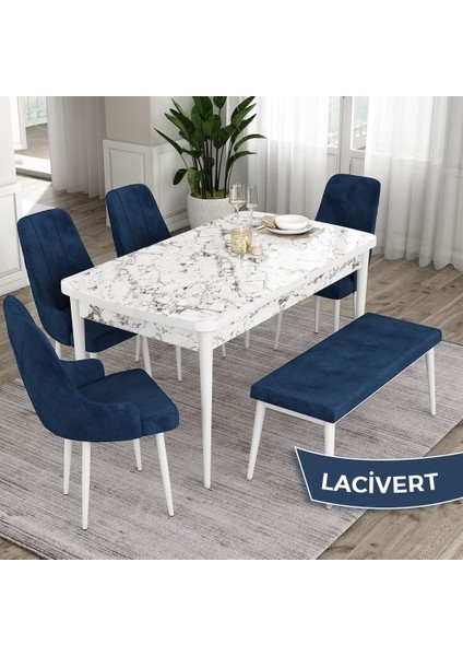 Concept Eta Serisi 80 x 132 cm Açılabilir Mdf Mutfak Masa Takımı Beyaz Mermer Desen Masa 4 Sandalye ve 1 Bench
