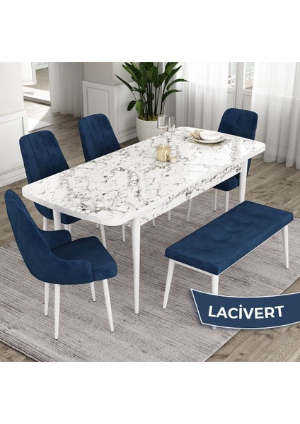 Concept Eta Serisi 80 x 132 cm Açılabilir Mdf Mutfak Masa Takımı Beyaz Mermer Desen Masa 4 Sandalye ve 1 Bench