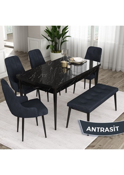 Concept Eta Serisi 80 x 132 cm Açılabilir Mdf Mutfak Masa Takımısiyah Mermer Desen Masa 4 Sandalye ve 1 Bench