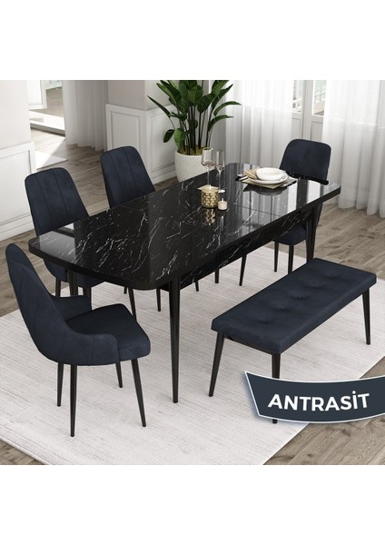 Concept Eta Serisi 80 x 132 cm Açılabilir Mdf Mutfak Masa Takımısiyah Mermer Desen Masa 4 Sandalye ve 1 Bench