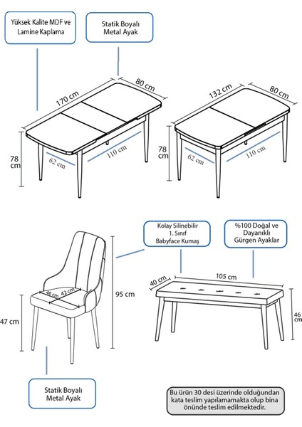 Concept Eta Serisi 80 x 132 cm Açılabilir Mdf Mutfak Masa Takımısiyah Mermer Desen Masa 4 Sandalye ve 1 Bench