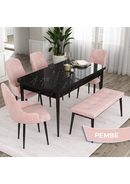 Concept Eta Serisi 80 x 132 cm Açılabilir Mdf Mutfak Masa Takımısiyah Mermer Desen Masa 4 Sandalye ve 1 Bench