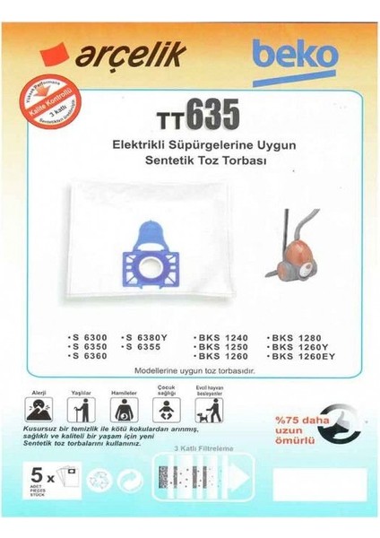 - Beko S6300 6350 6355 6355YP 6360 6380Y Elektrikli Süpürge Toz Torbası 10 Adet