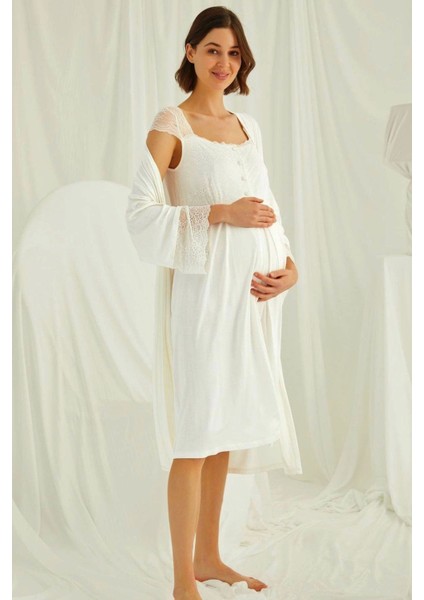 Ekru Dantelli Sabahlıklı Hamile Lohusa Gecelik Takım