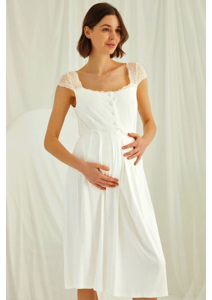 Ekru Dantelli Sabahlıklı Hamile Lohusa Gecelik Takım fiyatları