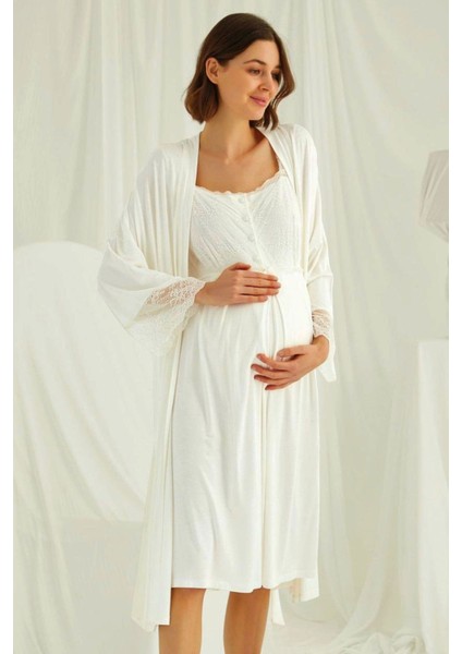 Ekru Dantelli Sabahlıklı Hamile Lohusa Gecelik Takım modelleri