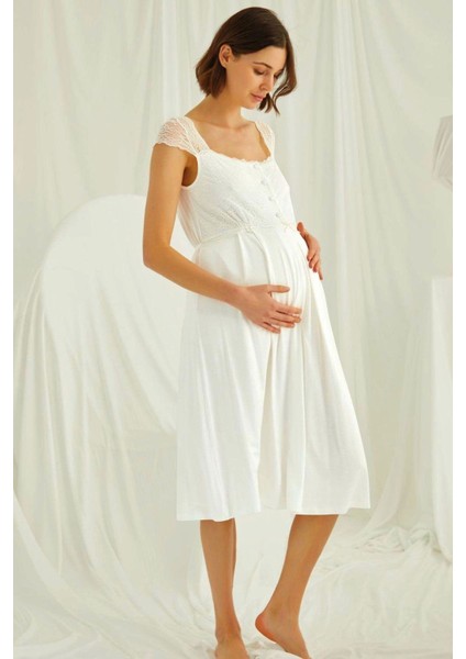 Ekru Dantelli Sabahlıklı Hamile Lohusa Gecelik Takım fırsatları