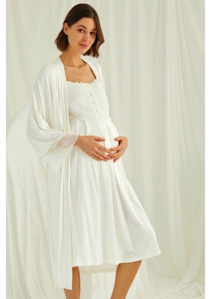 Ekru Dantelli Sabahlıklı Hamile Lohusa Gecelik Takım indirimleri