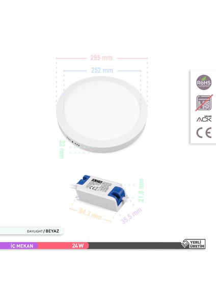 24 W 6500K Beyaz Sıva Üstü Yuvarlak LED Panel Armatür AP03-02430