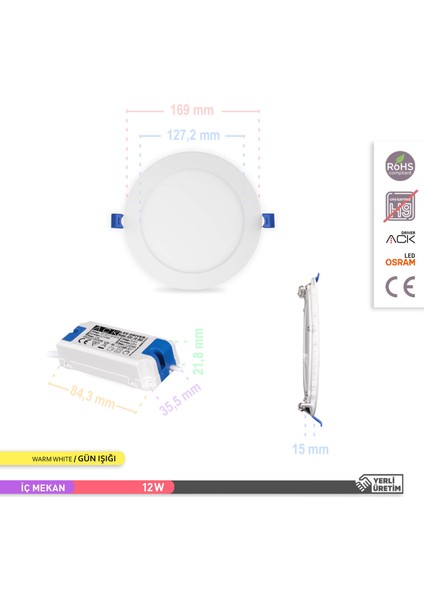 12W 3000K Günışığı Sıva Altı Yuvarlak LED Panel Armatürü AP01-01200