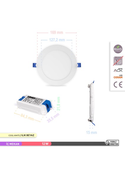 12W 4000K Ilık Beyaz Sıva Altı Yuvarlak Led Panel Armatürü AP01-01210