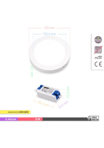 12W Sıva Üstü Yuvarlak LED Panel Armatür Beyaz Gövde 3000K Gün Işığı indirimleri